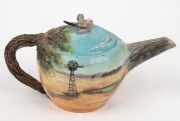 TANYA BECHARA "Teapot #3" pottery example with applied branch handle, hand-painted rural scene and galah finial, incised "Tanya Bechara, Hop'n Frog Pottery", 12cm high, 23cm wide - 2