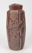 JANET De BOOS brown glazed lidded pottery vase, adorned with sgraffito&nbsp;decoration and waterlily enamel vignettes, incised "De Boos, 2015", 32cm high - 2