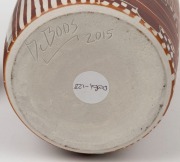 JANET De BOOS brown glazed lidded pottery vase, adorned with sgraffito&nbsp;decoration and waterlily enamel vignettes, incised "De Boos, 2015", 32cm high - 4