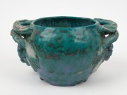 JOLIFFE&nbsp;impressive green glazed pottery vase with applied grapes and leaves with branch handles, incised "JOLIFFE, Hand Built, F.E.C.", 15cm high, 27cm across the handles - 2