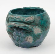 JOLIFFE&nbsp;impressive green glazed pottery vase with applied grapes and leaves with branch handles, incised "JOLIFFE, Hand Built, F.E.C.", 15cm high, 27cm across the handles - 3