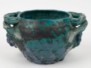 JOLIFFE&nbsp;impressive green glazed pottery vase with applied grapes and leaves with branch handles, incised "JOLIFFE, Hand Built, F.E.C.", 15cm high, 27cm across the handles - 4