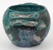 JOLIFFE&nbsp;impressive green glazed pottery vase with applied grapes and leaves with branch handles, incised "JOLIFFE, Hand Built, F.E.C.", 15cm high, 27cm across the handles - 5