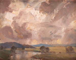 JAMES RANALPH JACKSON (1882-1975), Evening, Narabeen Lakes, oil on board, signed and titled verso with 15 guinea price tag, ​​​​​​​18 x 23cm, 33 x 39cm overall