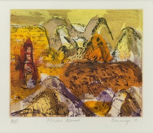 ELIZABETH CUMMINGS (1939 - ), Flinders Mound, coloured etching, 4/25, signed lower right "Cummings, '10", 25 x 29cm, 46 x 48cm overall