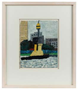 JULIAN TWIGG (1964 - ), A Tugboat Passing Goat Island, oil on paper, signed and titled verso "Julian Twigg, 2010", 25 x 20cm, 46 x 40cm overall