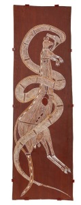 GRAHAM BADARI (1962 - ), Python and Black Wallaroo, natural earth pigment on bark, Injalak Arts Gallery label verso, 94 x 29cm