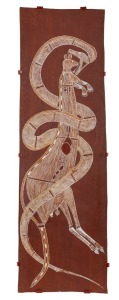 GRAHAM BADARI (1962 - ), Python and Black Wallaroo, natural earth pigment on bark, ​​​​​​​Injalak Arts Gallery label verso, 94 x 29cm 