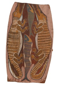 ARTIST UNKNOWN, (crocodiles and fish), natural earth pigment on bark, 74 x 43cm
