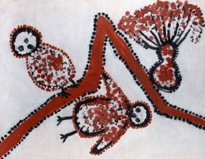 PATSY ANGUBURRA LULPUNDA (1898-2000), Owls and Boab Tree, Natural earth pigments on canvas, signed verso "Patsy", with Tineriba Fine Arts documentation verso, ​​​​​​​120 x 90cm