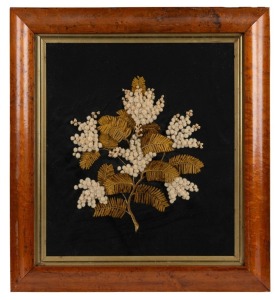AUSTRALIANA "Wattle" antique silk and wool needlework display, housed in an antique maple frame, 19th century, 58 x 52cm overall