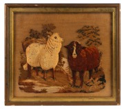 STUMPWORK antique folk art wool-work of sheep, 19th century, 49 x 55cm overall - 2