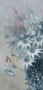 ELLIS ROWAN (1848-1922), (flannel flowers and butterflies), watercolour and gouache, signed lower centre "E. Rowan", ​​​​​​​36 x 18cm, 56 x 36cm overall