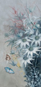 ELLIS ROWAN (1848-1922), (flannel flowers and butterflies), watercolour and gouache, signed lower centre "E. Rowan", 36 x 18cm, 56 x 36cm overall