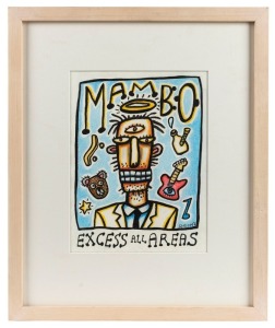 REG MOMBASSA (Chris O'Doherty) (1951 - ), Mambo Excess All Areas, Charcoal and coloured pencil on paper, signed lower right "Reg. M", Watters Gallery label verso, 25 x 19cm, 34 x 37cm overall