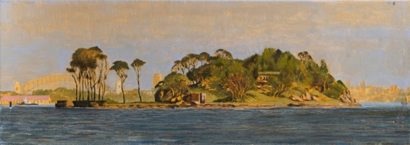 MICHAEL FITZJAMES (1948 - ), Clarke Island, Sydney Harbour, Morning, 2006, oil on canvas, Australian Galleries label verso, 25.5 x 71.5cm