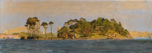 MICHAEL FITZJAMES (1948 - ), Clarke Island, Sydney Harbour, Morning, 2006, oil on canvas, Australian Galleries label verso, 25.5 x 71.5cm