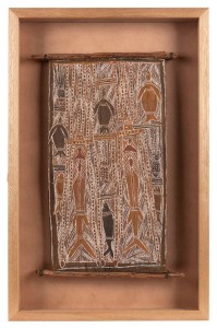 WANDJUK DJUWAKAN MARIKA, OBE (1927-1987), Wandjuk's Mother's Dreaming, natural pigment on bark, with copy of collection note and comprehensive description,  48 x 25cm, 66 x 42cm overall PROVENANCE: Collected by Margaret & Tony Tuckson, Yirrkala, 1959