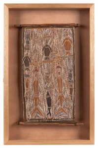 WANDJUK DJUWAKAN MARIKA, OBE (1927-1987), Wandjuk's Mother's Dreaming, natural pigment on bark, with copy of collection note and comprehensive description, 48 x 25cm, 66 x 42cm overall PROVENANCE: Collected by Margaret & Tony Tuckson, Yirrkala, 1959