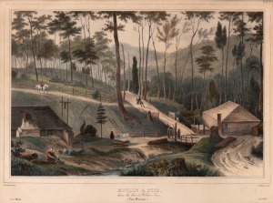 LOUIS AUGUSTE DE SAINSON (1800-1887), Moulin A Scie, dans les bois d'Hobart-Town. (Van-Diemen), hand-coloured lithograph, 31 x 42cm, 49 x 58cm overall