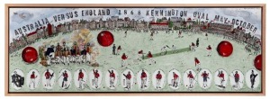 BERNADETTE (Bern) EMMERICHS (1961 - ), Australia Versus England 1868 Kennington Oval May-October, hand-painted and glazed ceramic plaque, signed upper right "Bern Emmerichs, 2020". The plaque depicts the famed Aboriginal team that toured England in 1868. 30 x 90cm, 33 x 93cm overall