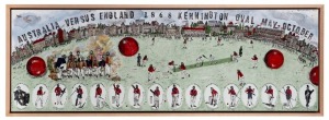 BERNADETTE (Bern) EMMERICHS (1961 - ), Australia Versus England 1868 Kennington Oval May-October, hand-painted and glazed ceramic plaque, signed upper right "Bern Emmerichs, 2020". The plaque depicts the famed Aboriginal team that toured England in 1868. 