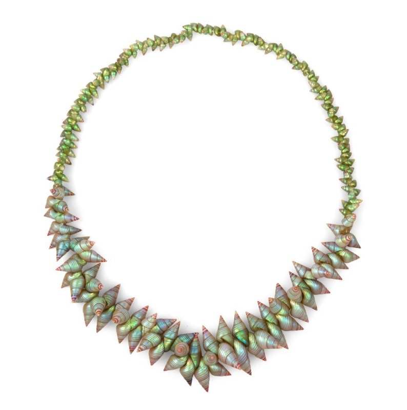 LOLA GREENO "Marina Lady", 2019, stunning King maireener (mariner) and traditional green maireener shell bead necklace. A superb example accompanied by Australian Design Centre documentation, plus Lola Greeno book. 80cm long