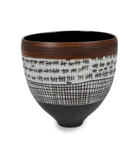 LOUISE BOSCACCI porcelain bowl with webbed and decorated exterior, signed "Boscacci 2003" with exhibition gallery No.3, 12.5cm high, 13cm wide