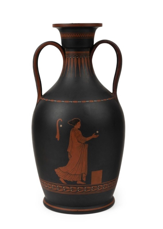 WEDGWOOD classical form basalt vase with encaustic decorated Greek style figures, late 18th century, impressed "WEDGWOOD", 22cm high