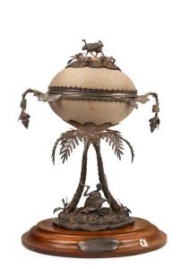 WALSH & SONS of Melbourne, stunning antique Australian silver emu egg casket with gilt wash interior, adorned with Aboriginal hunting figure, emus and ferns, mounted on a blackwood base, 19th century, stamped "WALSH & SONS, MELB.", ​​​​​​​30cm high