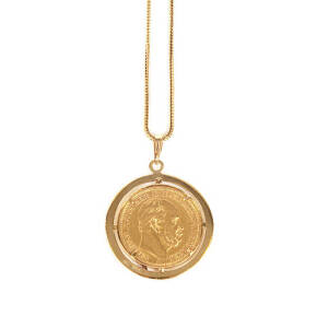 NECKLACE: Gold necklace set with German 22ct gold coin. Total weight 9.5 grams.