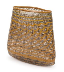 JENNI KEMARRE MARTINIELLO, OAM, square loop weave dilly bag, hot blown glass, engraved "J.K.M., 2015" 25cm high,