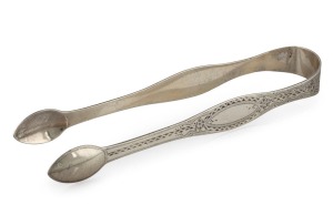 Antique 18th century CHANNEL ISLANDS bright cut silver sugar tongs by GEORGE HAMON of Jersey, circa 1795, engraved "I.E.P.C.", 14.5cm long, 33 grams