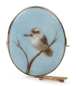 An antique rose gold mounted porcelain panel with hand-painted kookaburra, signed "F. BURGESS", 19th/20th century, ​​​​​​​6cm high overall