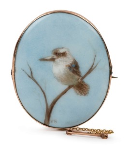 An antique rose gold mounted porcelain panel with hand-painted kookaburra, signed "F. BURGESS", 19th/20th century, 6cm high overall