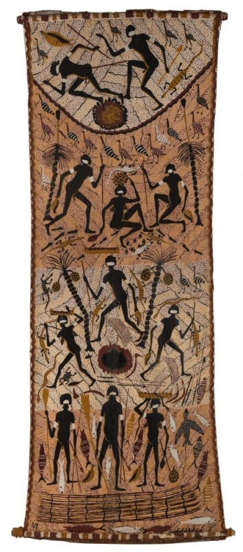 DICK (GOOBALATHELDIN) ROUGHSEY (1924-85), untitled scene Aboriginal figures, native flora and fauna, natural earth pigment on bark, signed and dated in the lower edge "Goobalatheldin, '67", 164 x 73cm