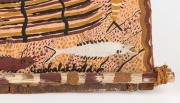 DICK (GOOBALATHELDIN) ROUGHSEY (1924-85), untitled scene Aboriginal figures, native flora and fauna, natural earth pigment on bark, signed and dated in the lower edge "Goobalatheldin, '67", 164 x 73cm - 2