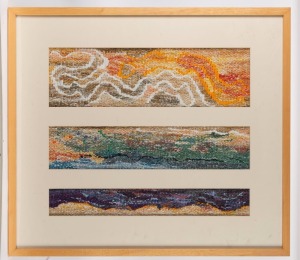 ARTIST UNKNOWN untitled triptych, woven fibre tapestry, signed verso "Catherine K." (?), 64 x 73cm overall
