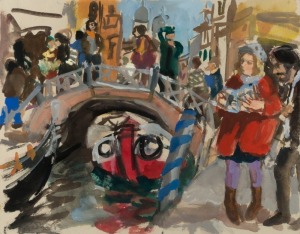 WENDY SHARPE (1960 - ), (untitled Venetian scene), watercolour and gouache, signed lower left (illegible), King Street Gallery label verso, 28 x 35cm, 55 x 62cm overall