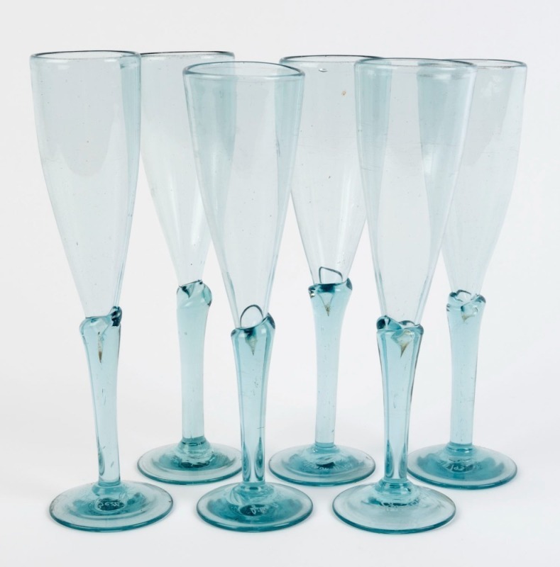 GILES BETTISON set of six Australian art glass champagne flutes, engraved "Gile Bettison, 11/93", 25cm high