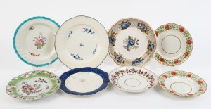 Eight assorted antique porcelain plates and dishes, 18th and 19th century, including Chantilly, Longton Hall, Swansea, Spode and Barr Flight Barr, the largest 24cm wide