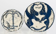 GERRY WEDD, two blue and white ceramic cups and saucers with hand-painted decoration, (4 items), both signed "WEDD, '07", the larger saucer 15.5cm wide - 2