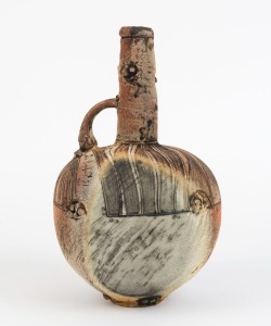 ALAN PEASCOD Australian studio pottery jug with gum leaf decoration, signed "A. Peascod, '97", 35cm high