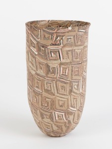 DAVID POTTINGER "Basket Vessel" pottery vase, exhibited at Mura Clay Gallery "Stratum" show, listed as DP18. 17cm high