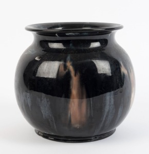 McHugh pottery vase with unusual black glaze with mottled highlights, incised "McHugh, Tasmania", 18.5cm high, 21cm wide