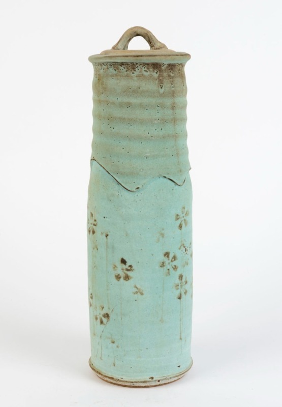 JANET De BOOS tall green glazed lidded vase with floral decoration, signed "De Boos", ​​​​​​​39cm high