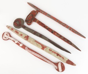 ARTIST UNKNOWN group of five pottery Aboriginal artefacts, monogram mark to one (illegible), the largest 56cm long