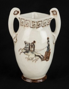 ARTIST UNKNOWN hand-built and hand-painted pottery vase with chariot scenes, incised "N.S.W. 1932" with artist's monogram (illegible), 16.5cm high