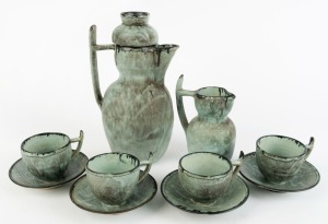 DAVID & HERMIA BOYD green glazed pottery coffee pot, milk jug and four cups and saucers, (10 items), incised "David & Hermia Boyd", the coffee pot 30cm high