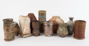 Eleven assorted Australian brown and salt glazed studio pottery vases, including HILLARY JONES and CATHY WILLIAMS, the largest 22cm high